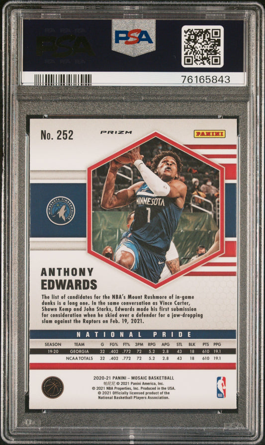 Graded 2020 Panini Mosaic Anthony Edwards #252 Red Wave Rookie RC Basketball Card PSA 10 Gem Mint