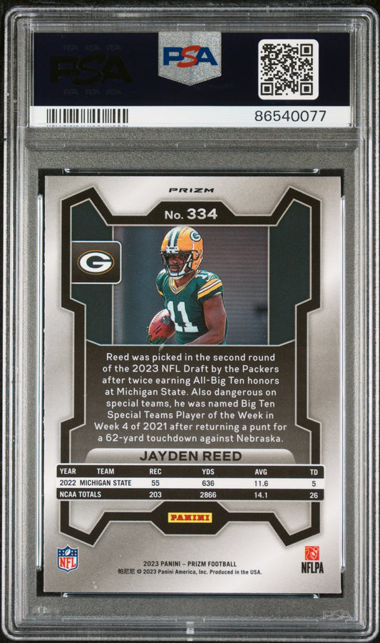 Graded 2023 Panini Prizm Jayden Reed #334 Disco Rookie RC Football Card PSA 10 Gem Mint