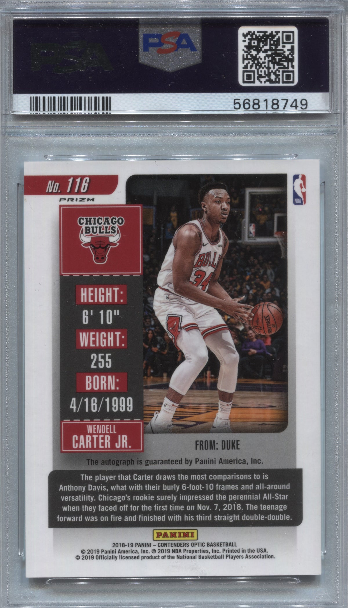 2018-19 Panini Contenders Optic Wendell Carter Jr White Jersey Rookie Auto #116 PSA 10