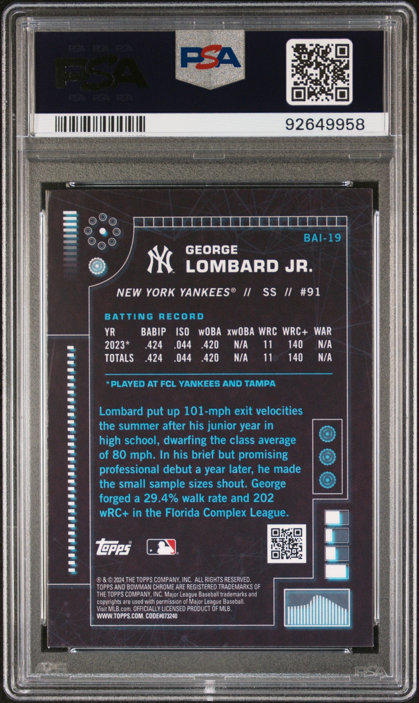 Graded 2024 Topps Bowman George Lombard Jr #BAI19 AI Rookie RC Baseball Card PSA 10 Gem Mint