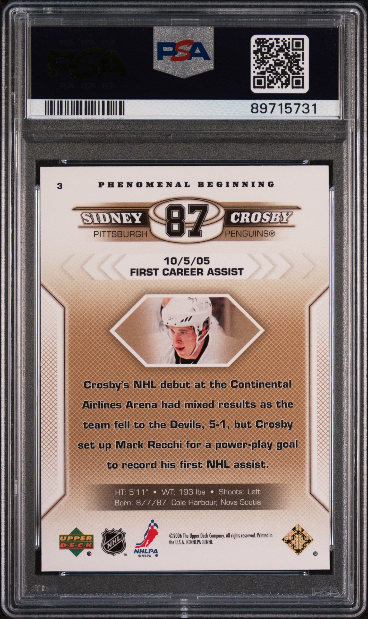 Graded 2005-06 Upper Deck Sidney Crosby #3 Phenomenal Beginning Gold Rookie RC Hockey Card PSA 10 Gem Mint