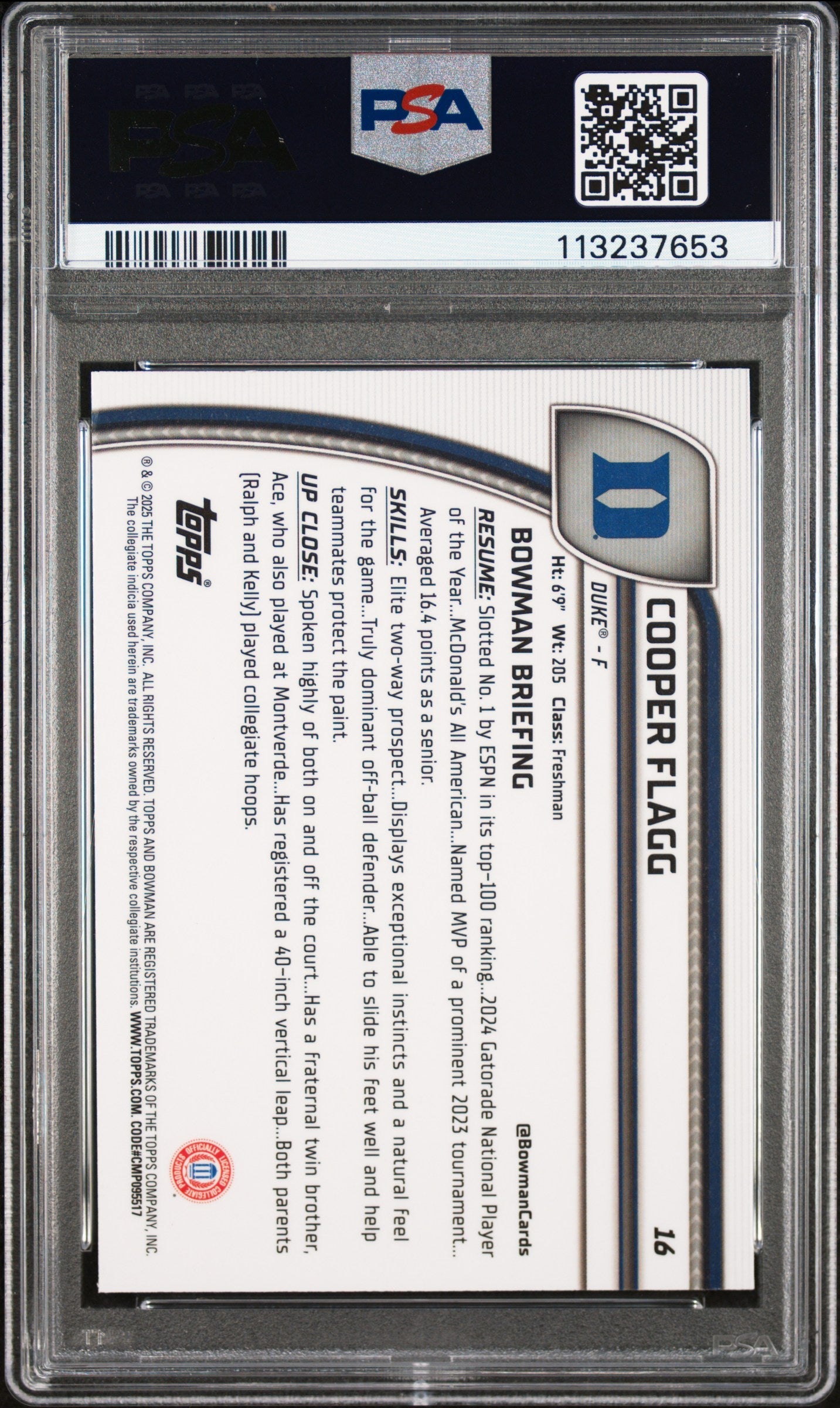 Graded 2024 Topps Bowman Chrome U Cooper Flagg #16 Rookie RC Basketball Card PSA 10 Gem Mint