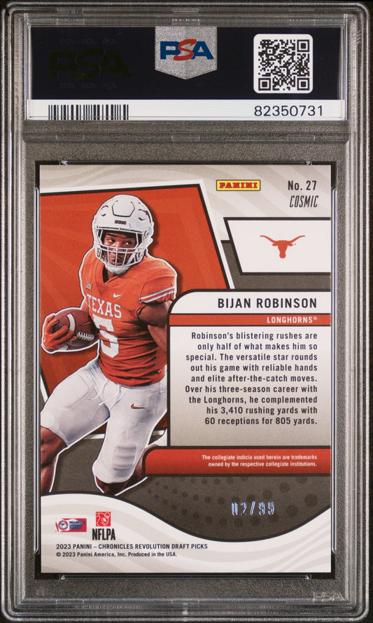 Graded 2023 Panini Chronicles Draft Picks Bijan Robinson #27 Revolution Cosmic #/99 Rookie RC Football Card PSA 10 Gem Mint