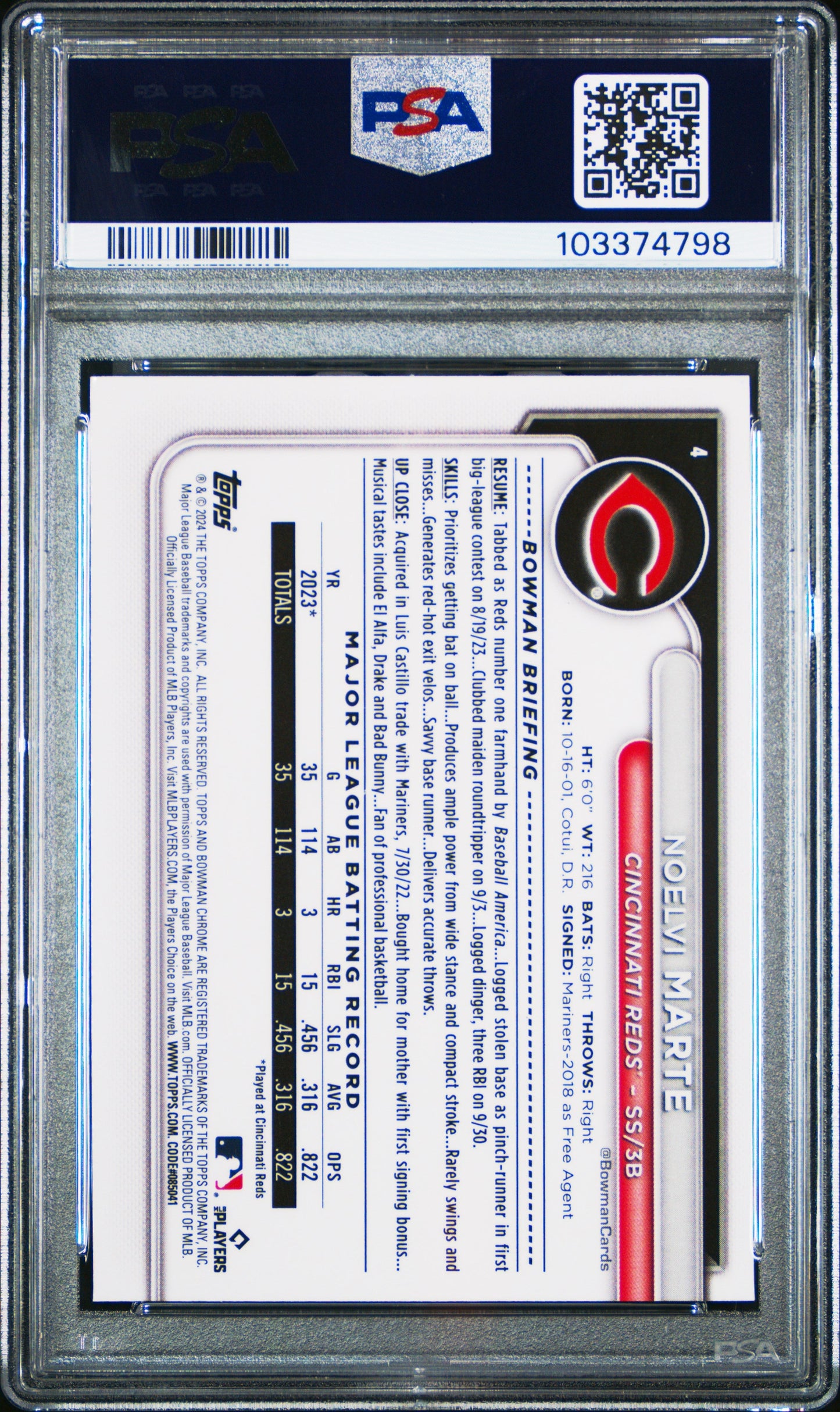 Graded 2024 Topps Bowman Chrome Noelvi Marte #4 Rookie RC Baseball Card PSA 10 Gem Mint