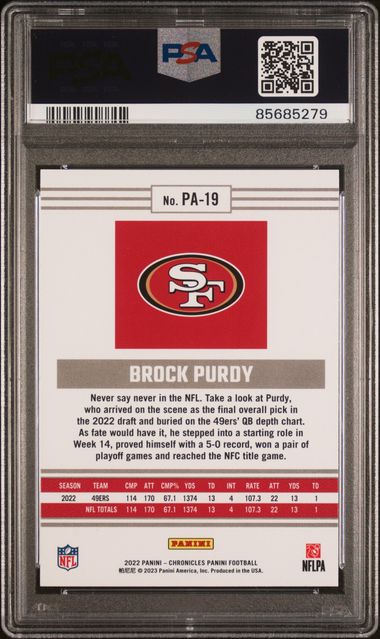 Graded 2022 Panini Chronicles Brock Purdy #PA19 Panini Rookie RC Football Card PSA 10 Gem Mint
