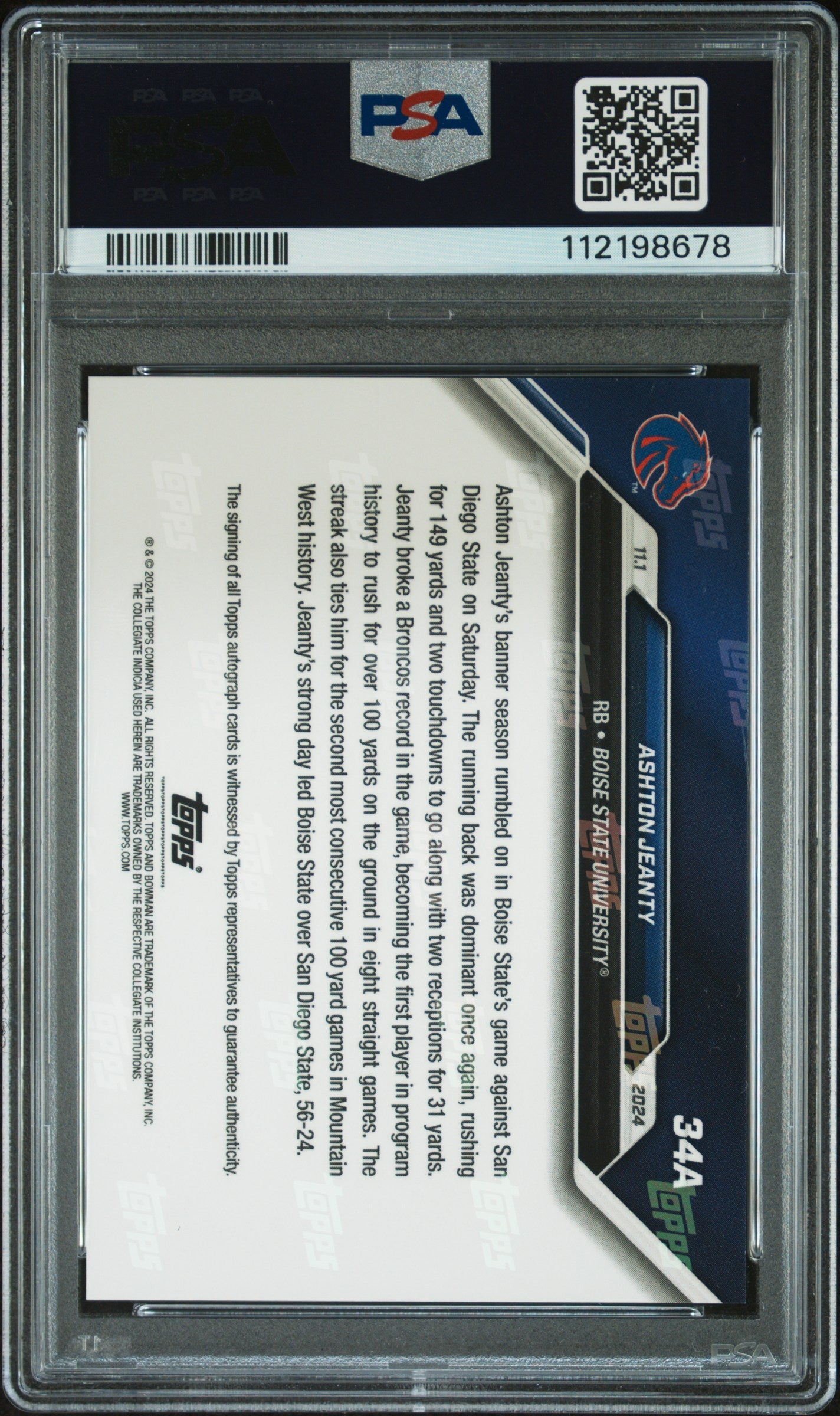 Graded 2024 Topps Bowman U Now Ashton Jeanty #34A Autograph Orange /5 Rookie RC Football Card PSA 10 Gem Mint Auto Grade PSA 10 Gem Mint