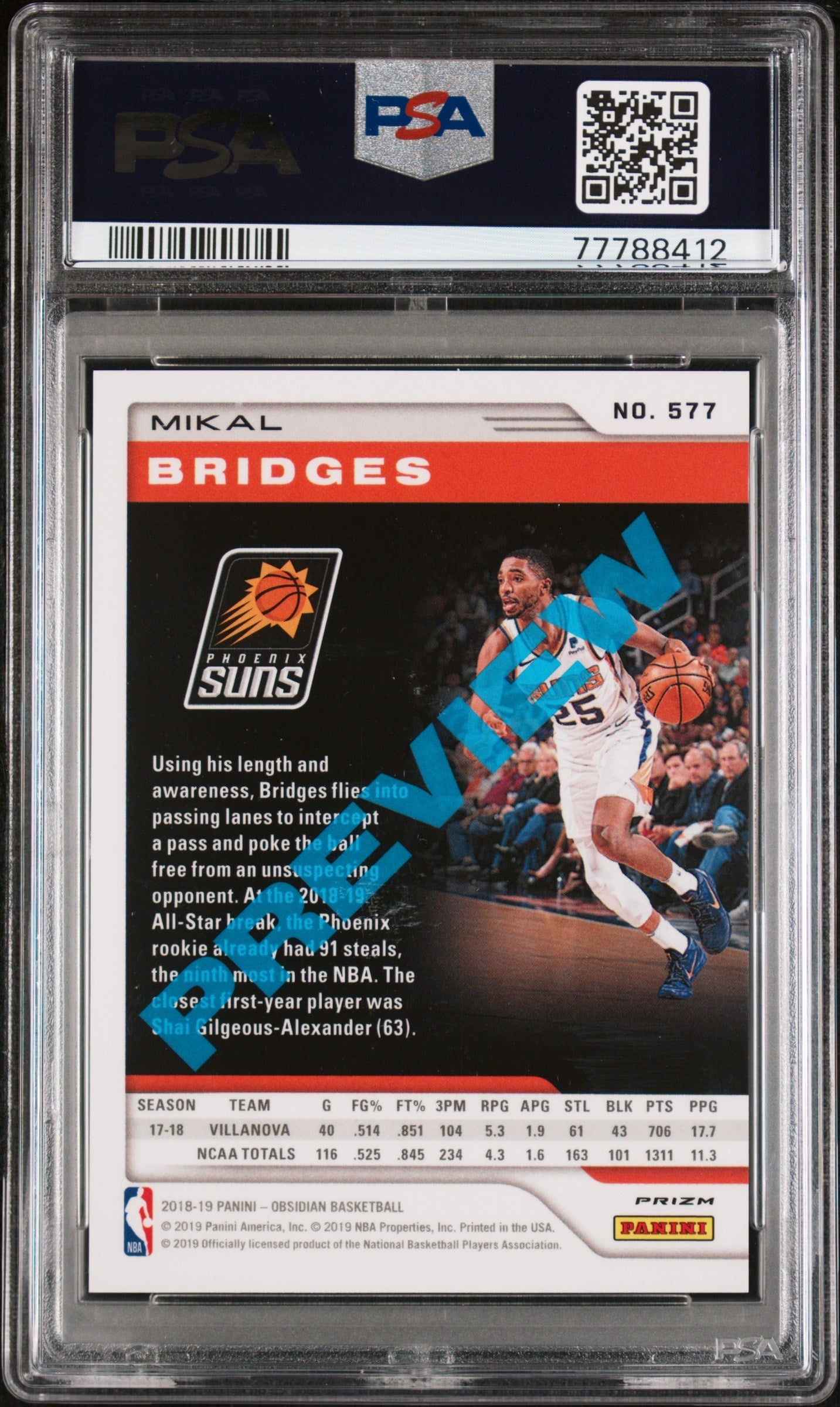 Graded 2018 Panini Chronicles Mikal Bridges #577 Rookie RC Basketball Card PSA 10 Gem Mint