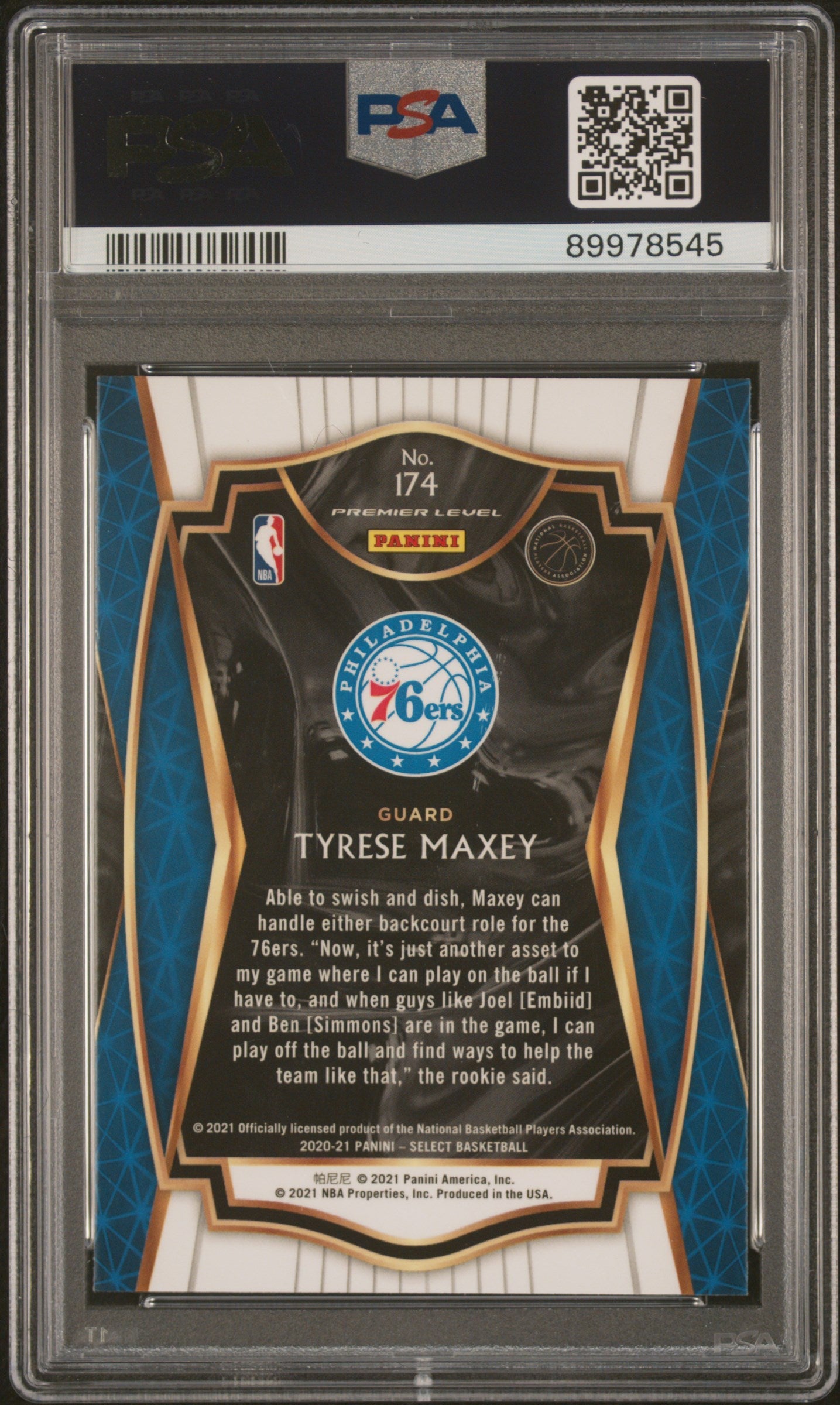 Graded 2020 Panini Select Tyrese Maxey #174 Blue Retail Rookie RC Basketball Card PSA 10 Gem Mint