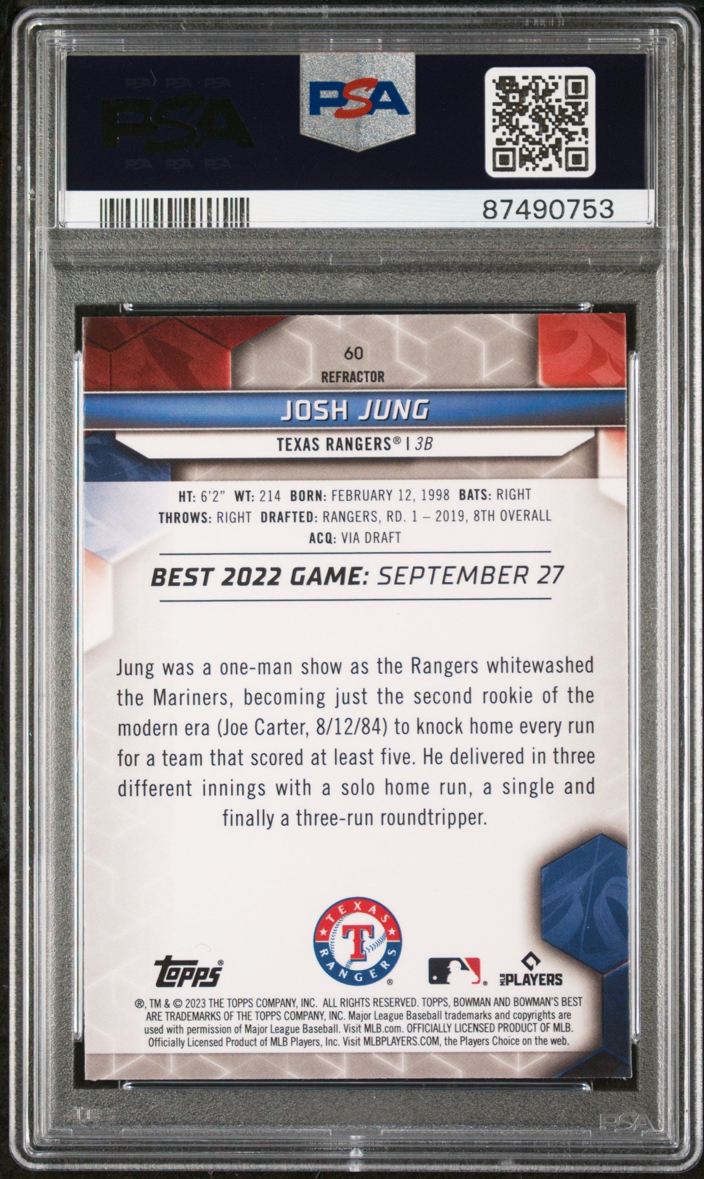 Graded 2023 Topps Bowmans Best Josh Jung #60 Refractor Rookie RC Baseball Card PSA 10 Gem Mint
