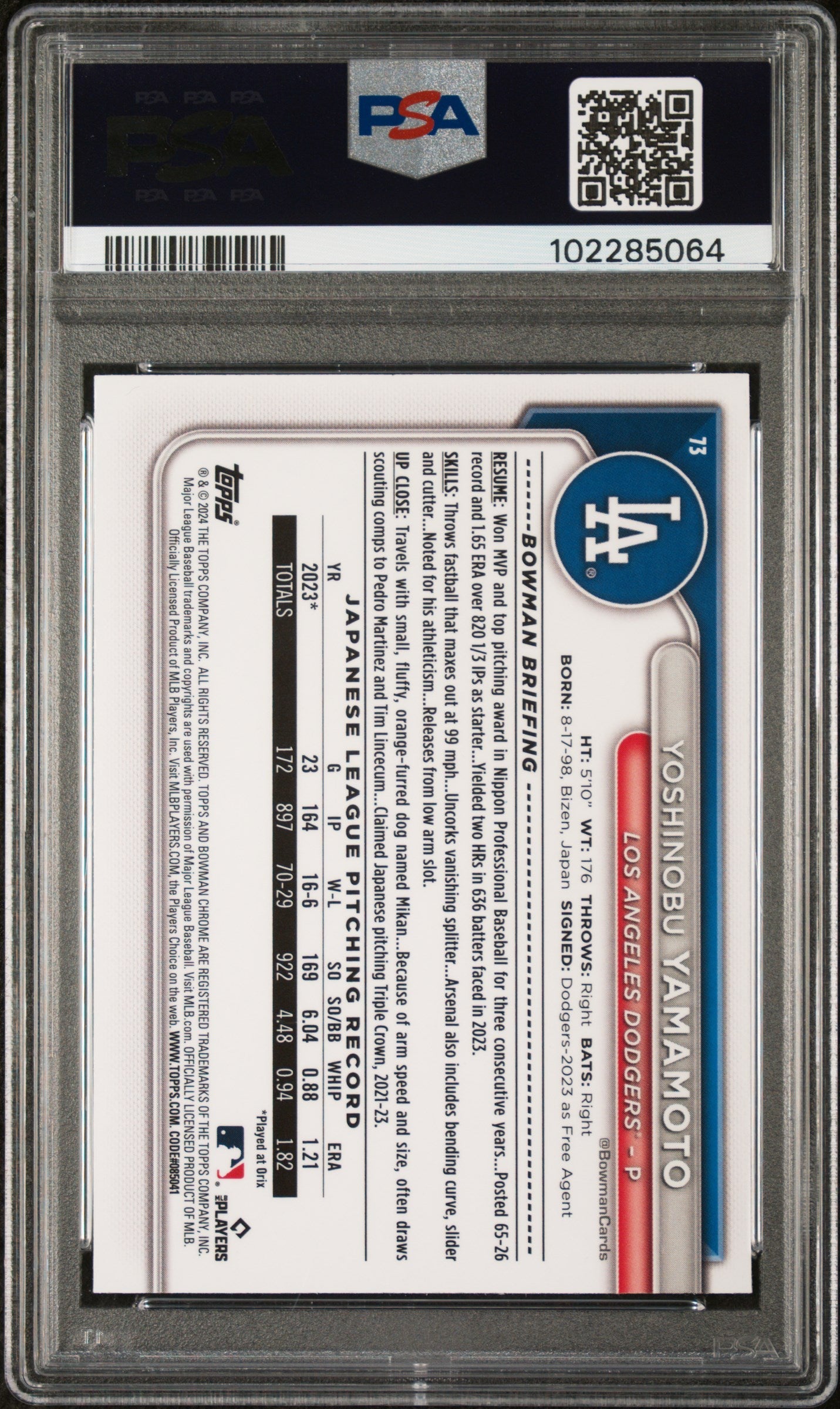 Graded 2024 Topps Bowman Chrome S/E Yoshinobu Yamamoto #73 Rookie RC Baseball Card PSA 10 Gem Mint