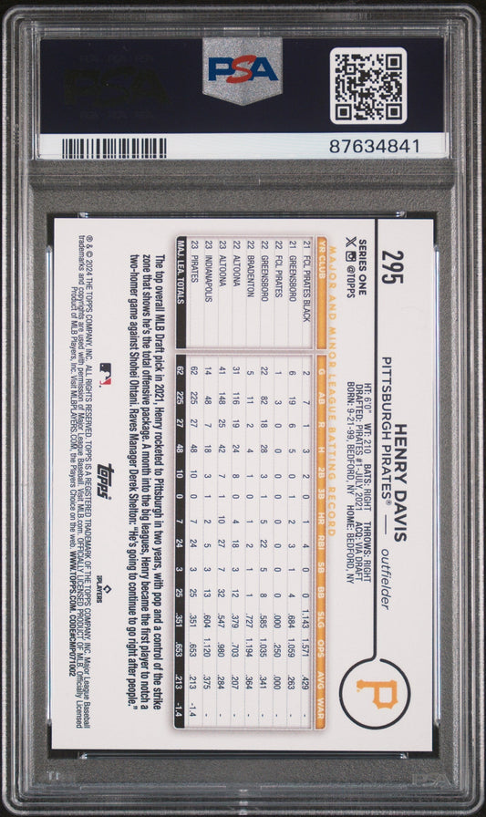 Graded 2024 Henry Davis #295 Rookie RC Baseball Card PSA 10 Gem Mint