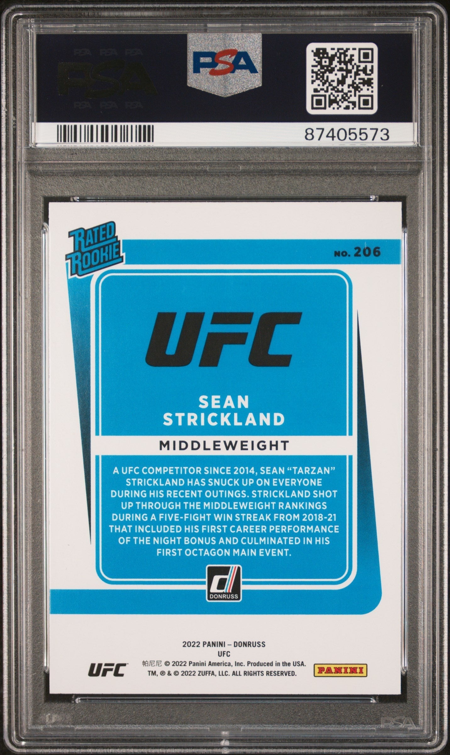 Graded 2022 Panini Donruss UFC Sean Strickland #206 Purple Flood Rookie RC UFC MMA Card PSA 10 Gem Mint