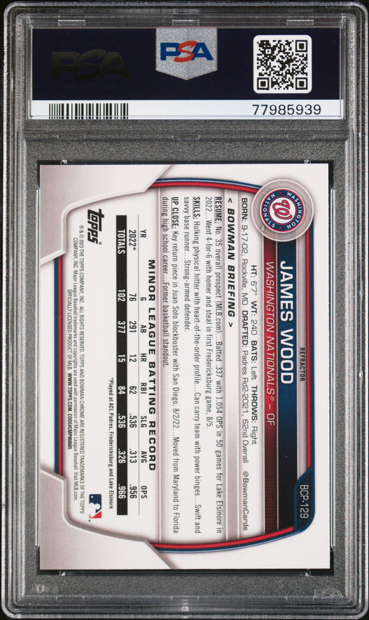 Graded 2023 Topps Bowman James Wood #BCP129 Chrome Prospects Lunar Glow Refractor Rookie RC Baseball Card PSA 10 Gem Mint