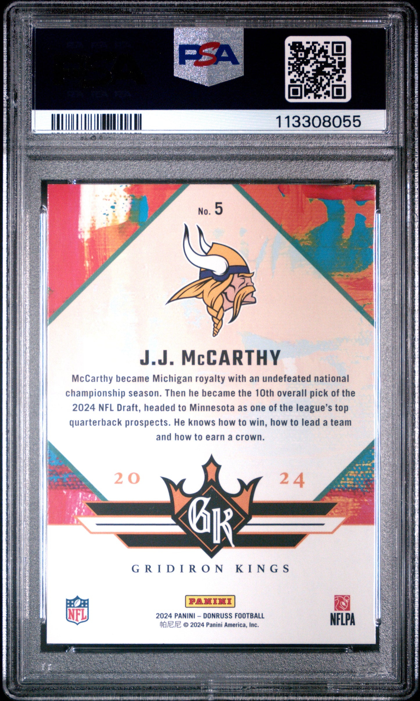 Graded 2024 Panini Donruss JJ McCarthy #5 Rookie Gridiron Kings Rookie RC Football Card PSA 10 Gem Mint
