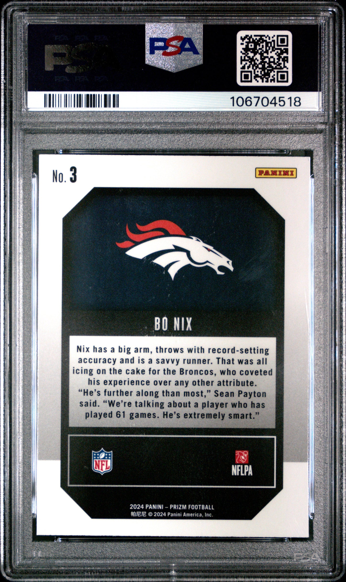 Graded 2024 Panini Prizm Bo Nix #3 Emergent Rookie RC Football Card PSA 10 Gem Mint