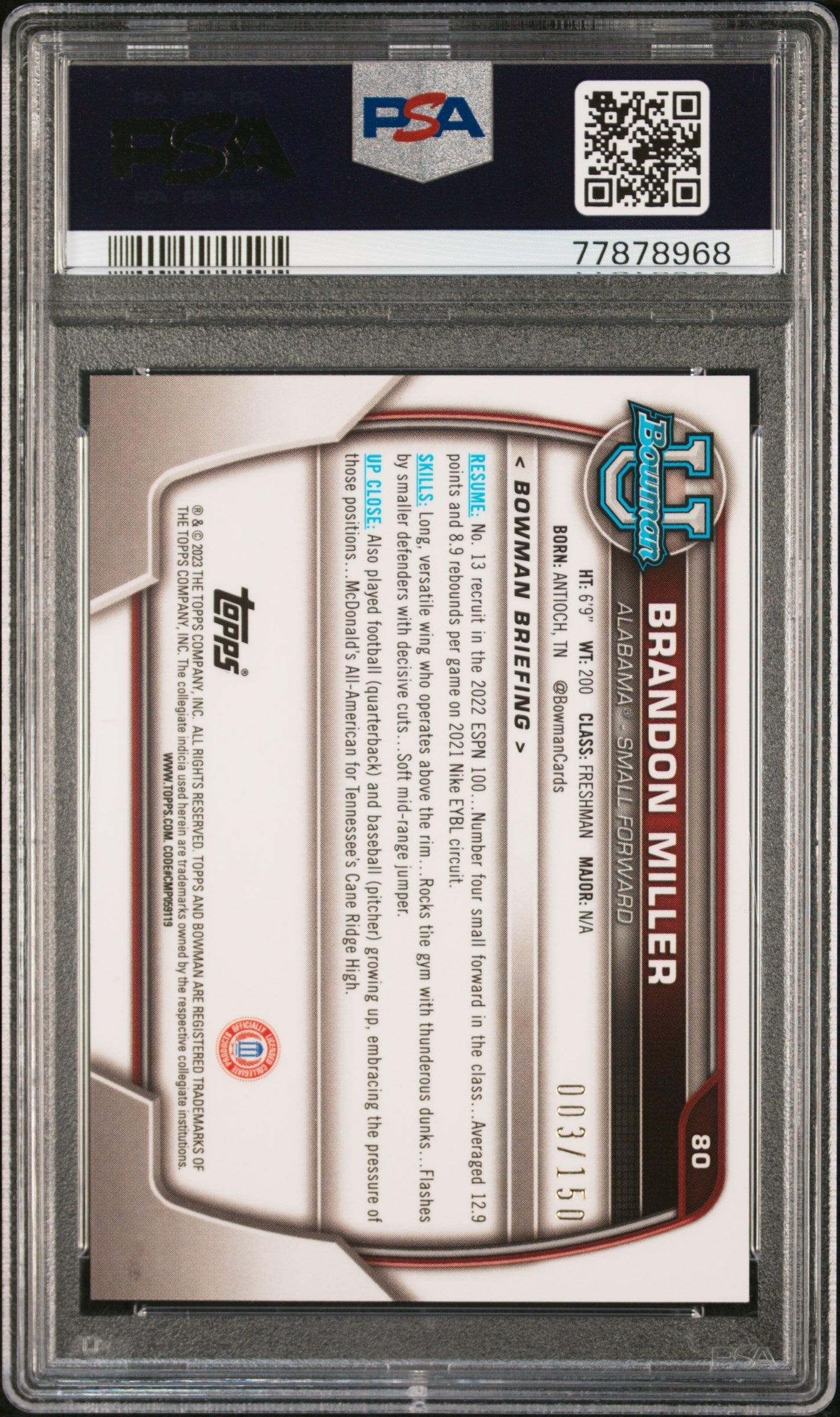 Graded 2022 Topps Bowman University Brandon Miller #80 Fuchsia Mini Diamond Refractor #/150 Rookie RC Basketball Card PSA 10 Gem Mint