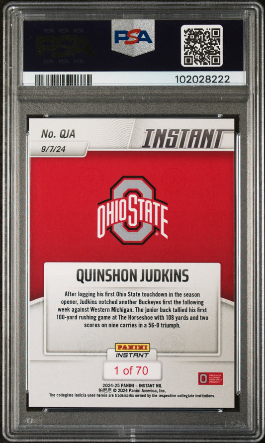Graded 2024 Panini Instant NIL Quinshon Judkins #QJA Rookie RC Football Card PSA 9 Mint