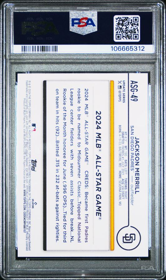 Graded 2024 Topps Update Jackson Merrill #ASG49 All Star Game Rookie RC Baseball Card PSA 10 Gem Mint