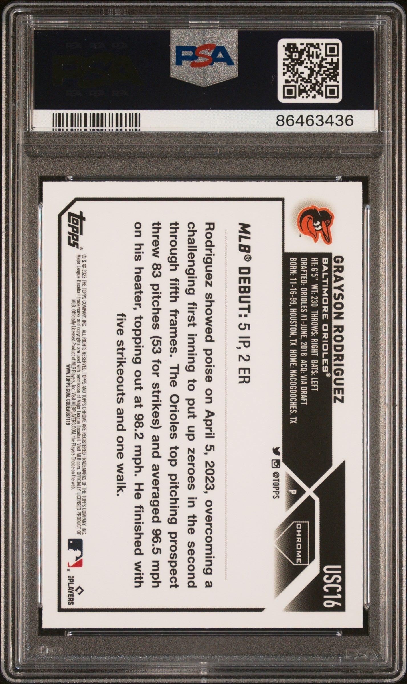 Graded 2023 Topps Chrome Update Grayson Rodriguez #USC16 Prism Rookie RC Baseball Card PSA 10 Gem Mint