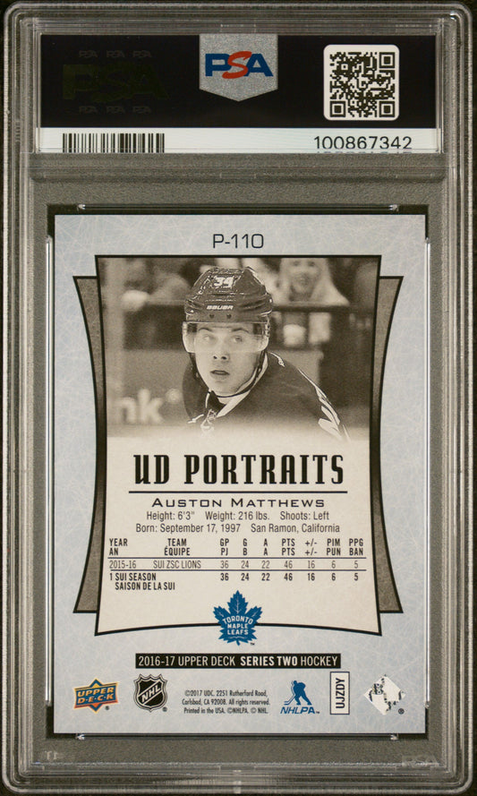 Graded 2016 Upper Deck Auston Matthews #P110 UD Portraits Rookie RC Hockey Card PSA 10 Gem Mint