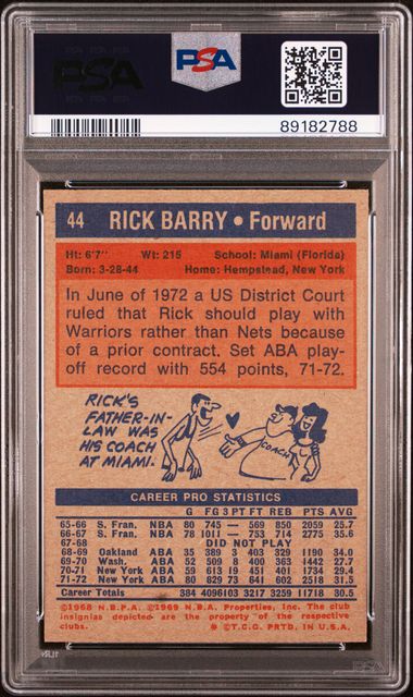 Graded 1972 Topps Rick Barry #44 2nd Year Basketball Card PSA 8 NM-MT