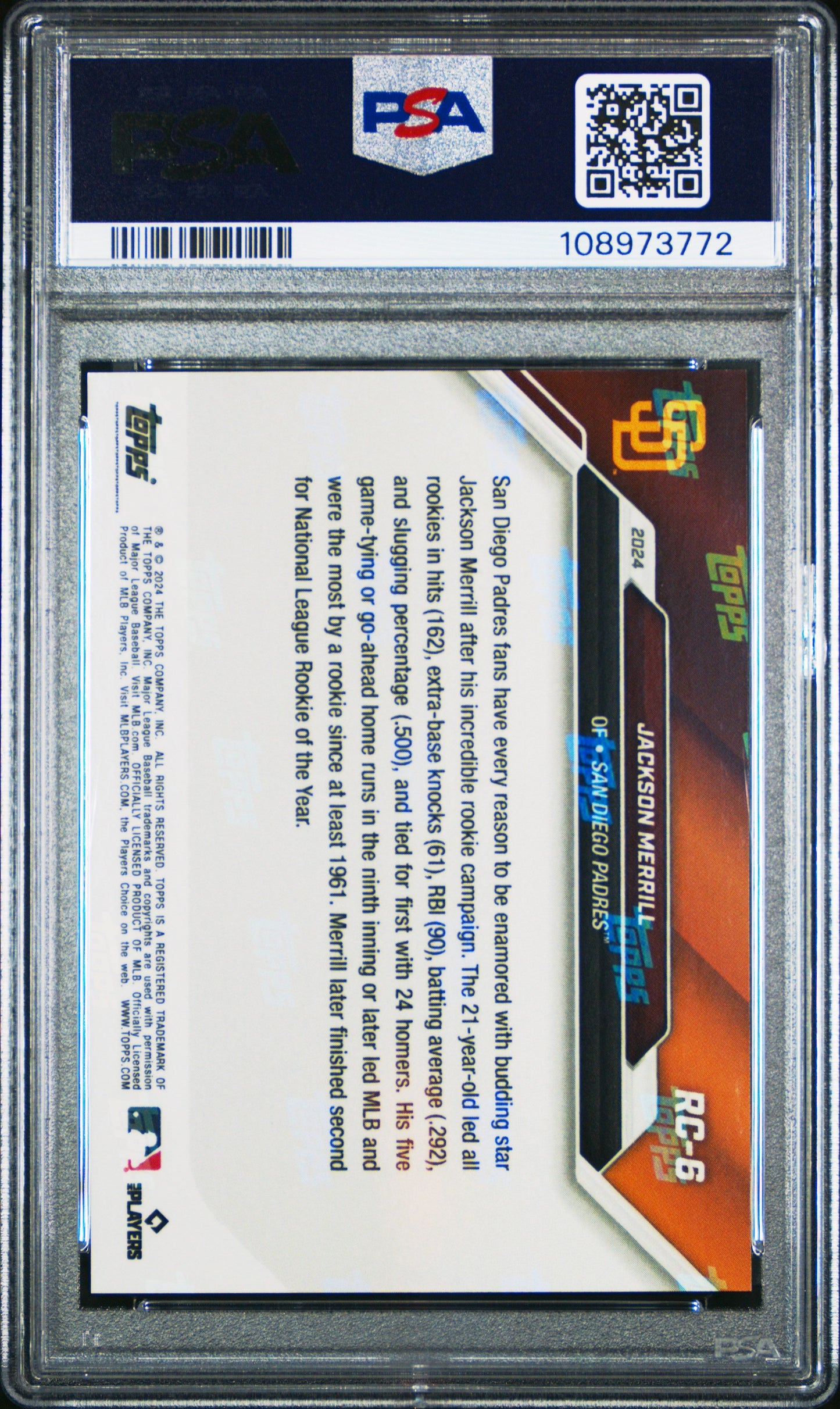 Graded 2024 Topps Now Jackson Merrill #RC6 Rookie Cup Team Set Rookie RC Baseball Card PSA 10 Gem Mint