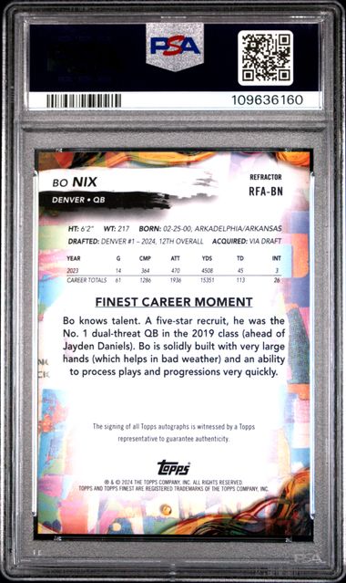 2024 Finest Rookie Finest Autograph Refractor Bo Nix #RFABNNN Rookie RC Football Card PSA 10 Gem Mint