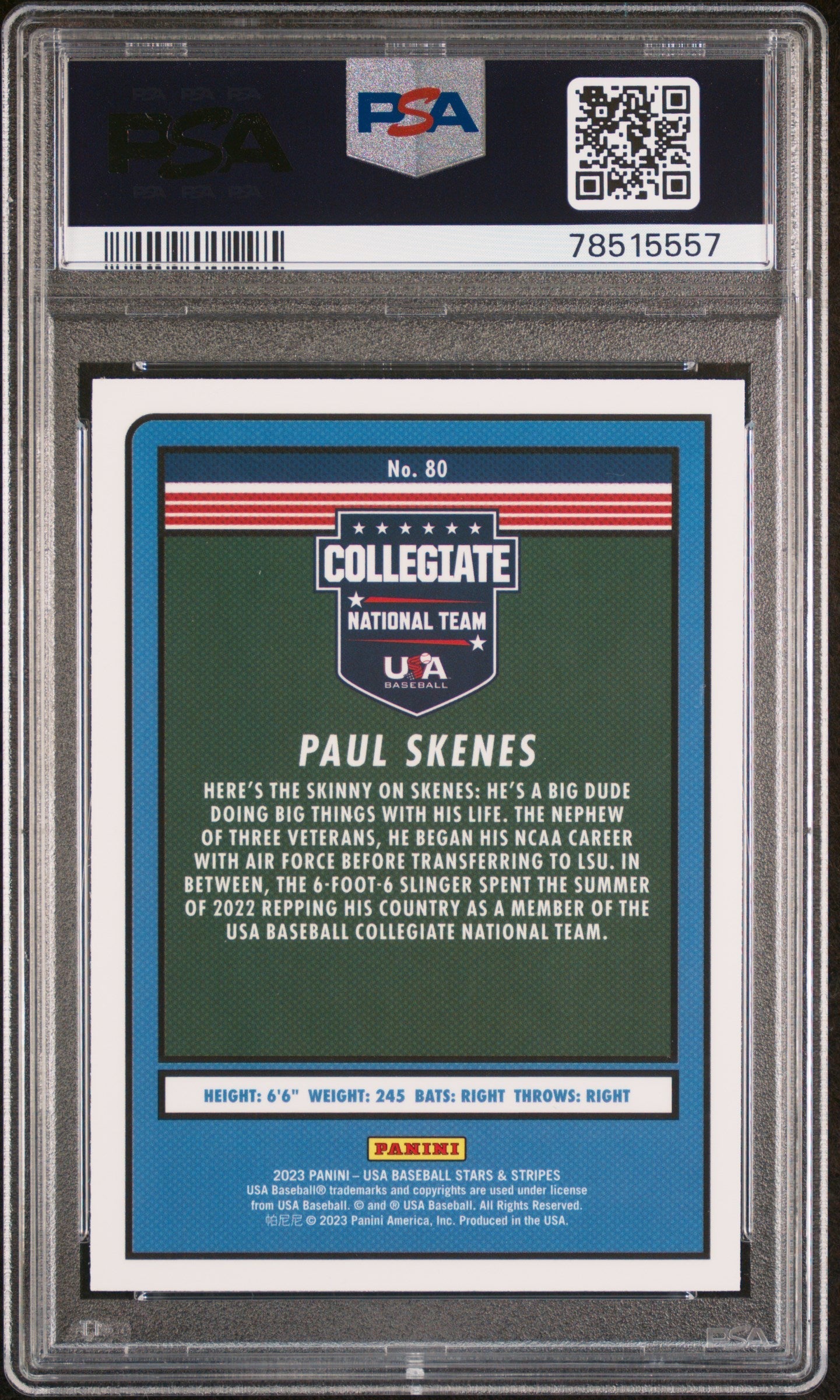 Graded 2023 Panini Stars & Stripes USA Paul Skenes #80 Rookie RC Baseball Card PSA 10 Gem Mint