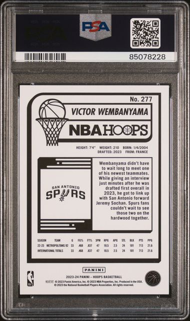 Graded 2023 Panini Hoops Victor Wembanyama #277 Rookie RC Basketball Card PSA 10 Gem Mint