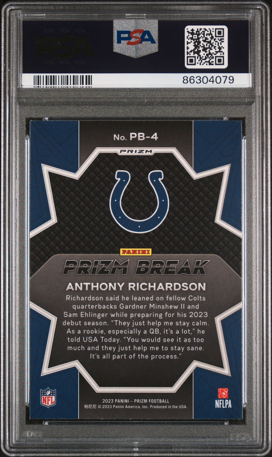 Graded 2023 Panini Prizm Anthony Richardson #PB4 Prizm Break Silver Rookie RC Football Card PSA 10 Gem Mint