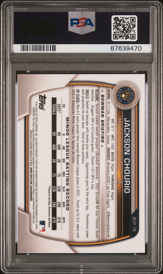 Graded 2023 Topps Bowman Jackson Chourio #BCP76 Chrome Prospects Rookie RC Baseball Card PSA 10 Gem Mint