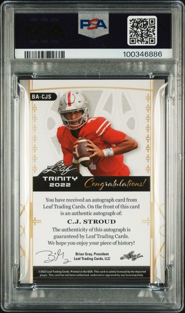 Graded 2022 Leaf Trinity Gold Spectrum Foil CJ Stroud #BACJS Autographed #10/10 Rookie RC Football Card PSA 10 Gem Mint