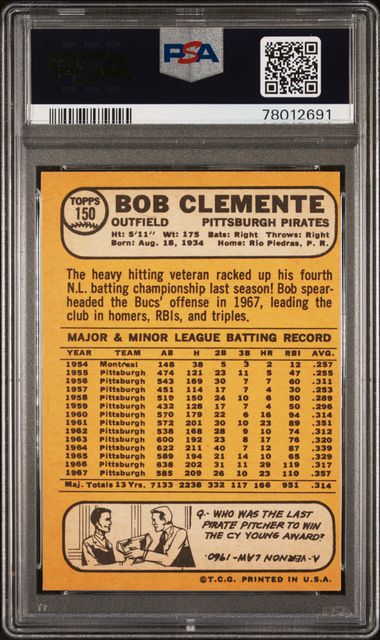 Graded 1968 Topps Bob Roberto Clemente #150 Baseball Card PSA 6 EX-MT