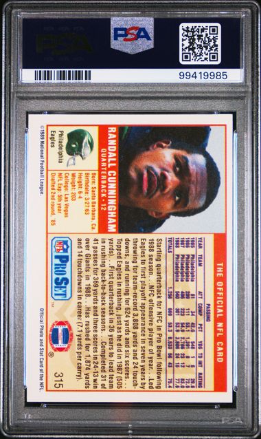 Graded 1989 Pro Set Randall Cunningham #315 Football Card PSA 10 Gem Mint