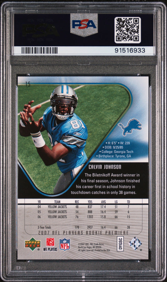 Graded 2007 Upper Deck Rookie Premiere Calvin Johnson #15 Rookie RC Football Card PSA 10 Gem Mint