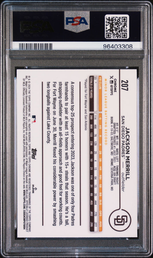 Graded 2024 Topps Chrome Jackson Merrill #207 Rookie RC Baseball Card PSA 10 Gem Mint