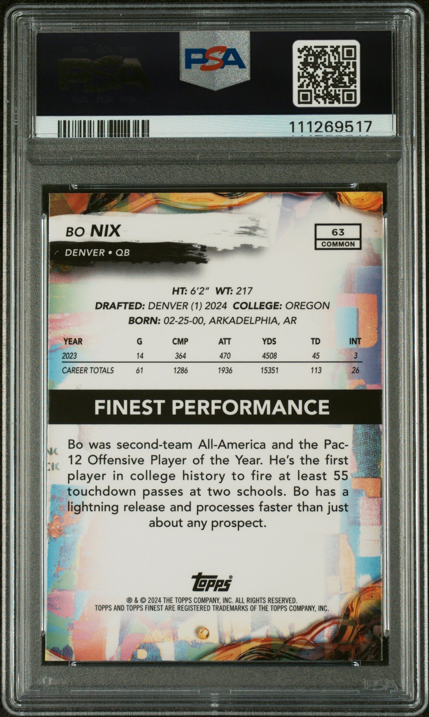 Graded 2024 Topps Finest Bo Nix #63 Rookie RC Football Card PSA 10 Gem Mint