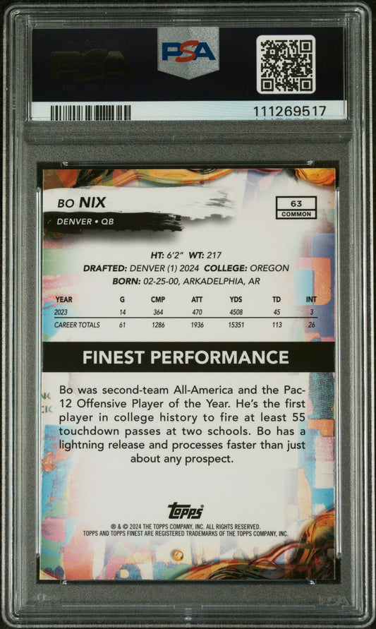 Graded 2024 Topps Finest Bo Nix #63 Rookie RC Football Card PSA 10 Gem Mint