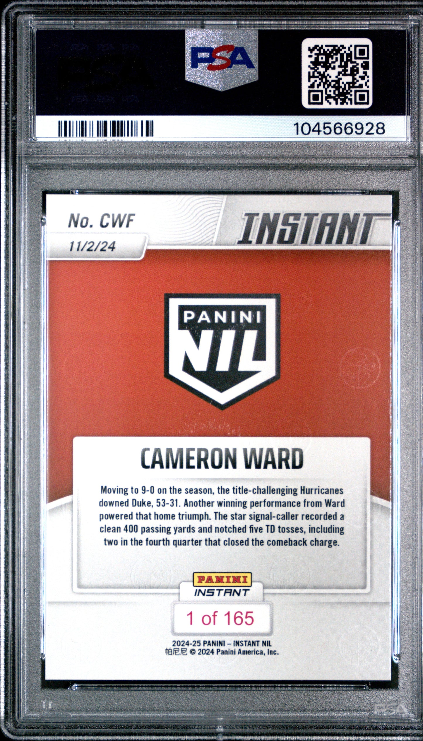 Graded 2024 Panini Instant NIL Cam Ward #CWF Rookie RC Football Card PSA 10 Gem Mint