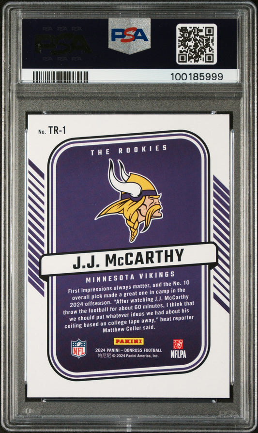 Graded 2024 Panini Donruss JJ McCarthy #TR1 The Rookies Rookie RC Football Card PSA 10 Gem Mint