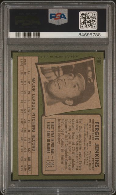 Graded 1971 Topps Fergie Jenkins #280 Baseball Card PSA 4 VG-EX