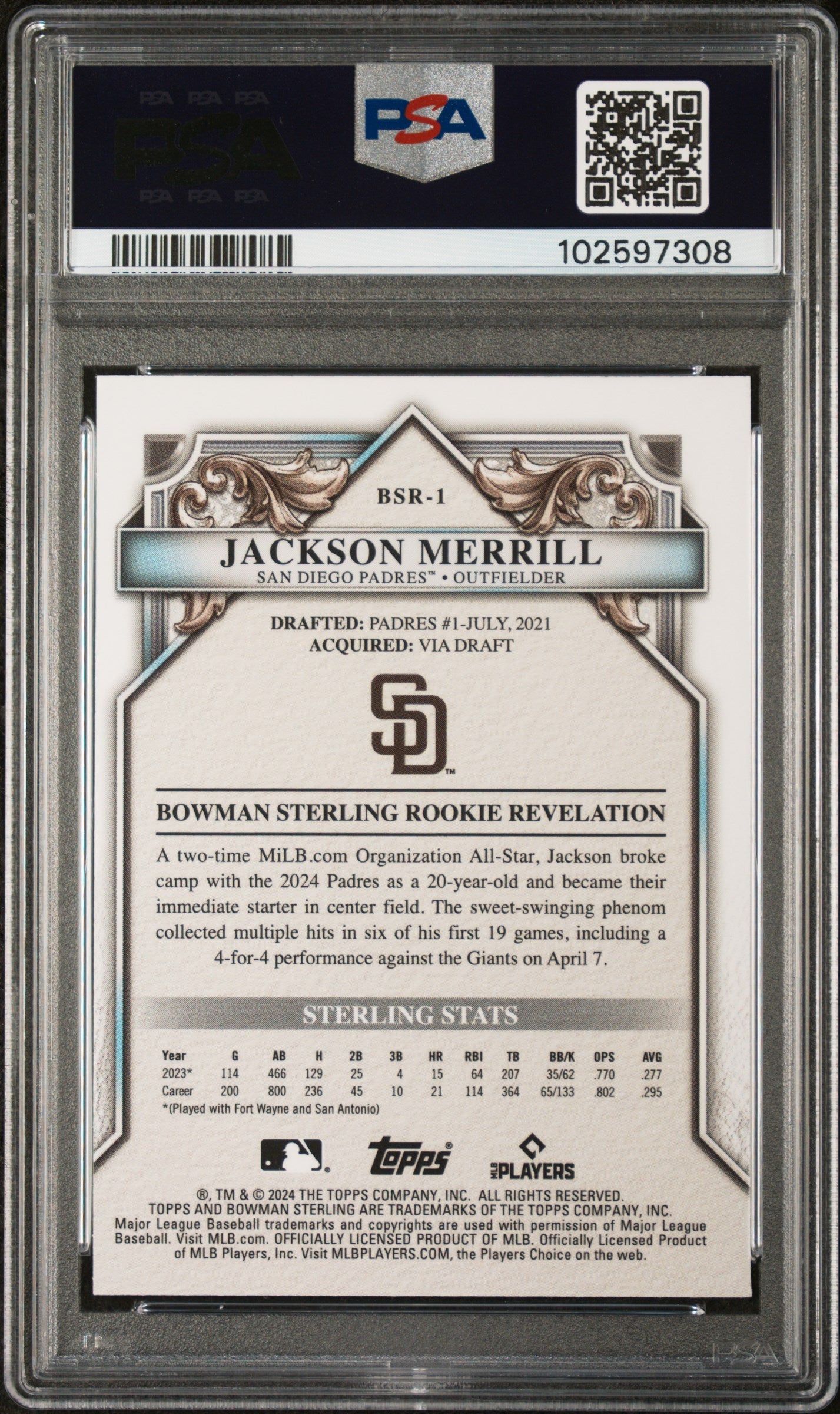 Graded 2024 Topps Bowman Sterling Jackson Merrill #BSR1 Rookies Rookie RC Baseball Card PSA 9 Mint