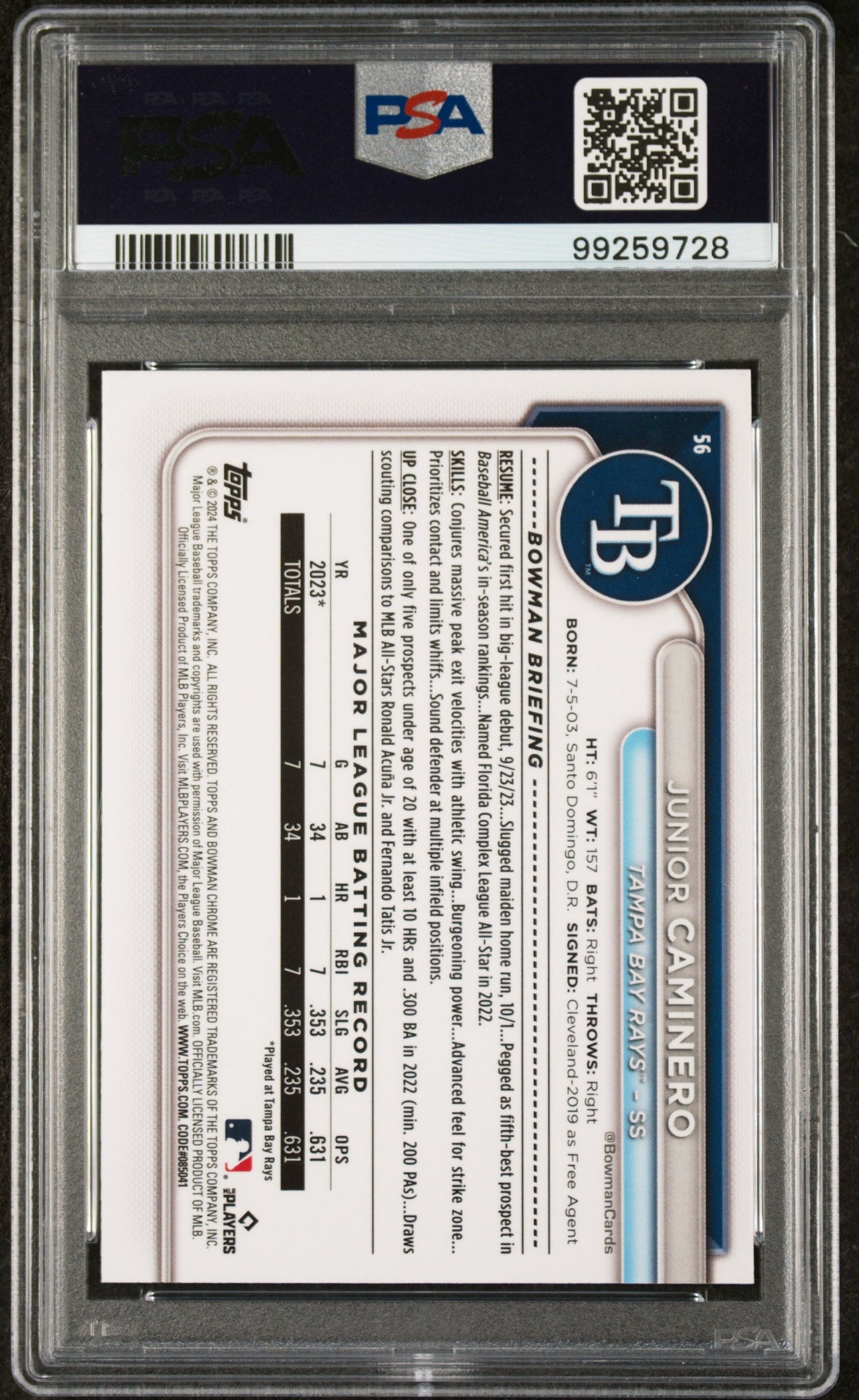 Graded 2024 Topps Bowman Chrome Junior Caminero #56 Rookie RC Baseball Card PSA 10 Gem Mint