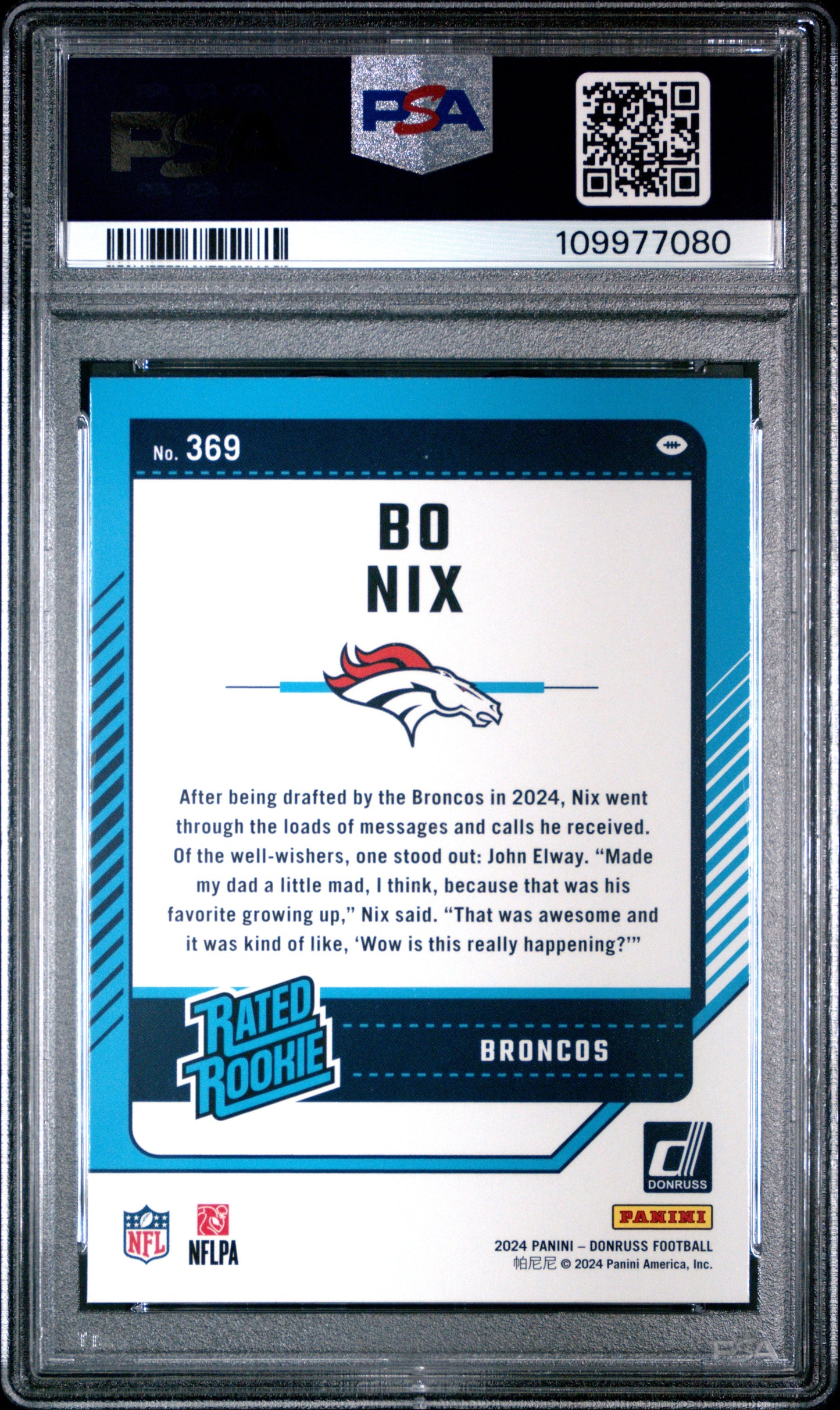 Graded 2024 Panini Donruss Bo Nix #369 Rookie RC Football Card PSA 10 Gem Mint