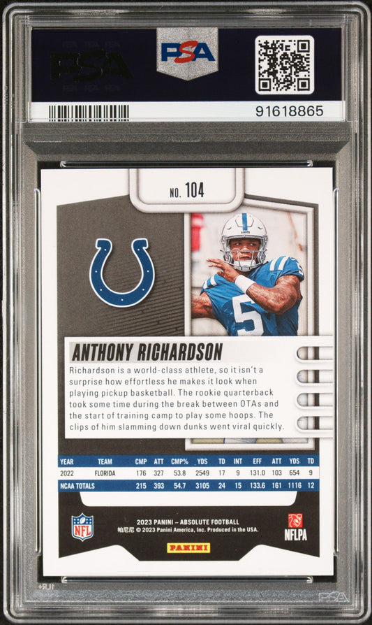 Graded 2023 Panini Absolute Anthony Richardson #104 Black Rookie RC Football Card PSA 10 Gem Mint