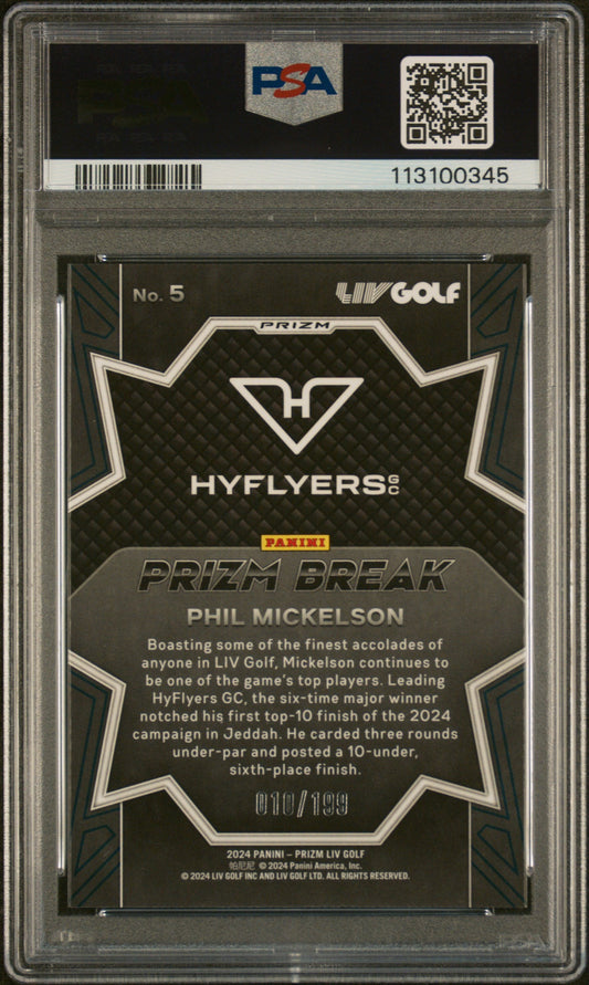 Graded 2024 Panini Prizm LIV Golf Phil Mickelson #5 Prizm Break Teal Prizm /199 Rookie RC Card PSA 10 Gem Mint