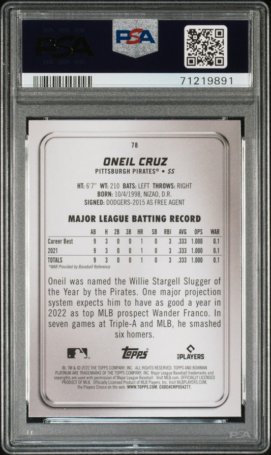 Graded 2022 Topps Bowman Platinum Oneil Cruz #78 Rookie RC Baseball Card PSA 10 Gem Mint