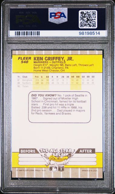 Graded 1989 Fleer Ken Griffey Jr. #548 Rookie RC Baseball Card PSA 10 Gem Mint