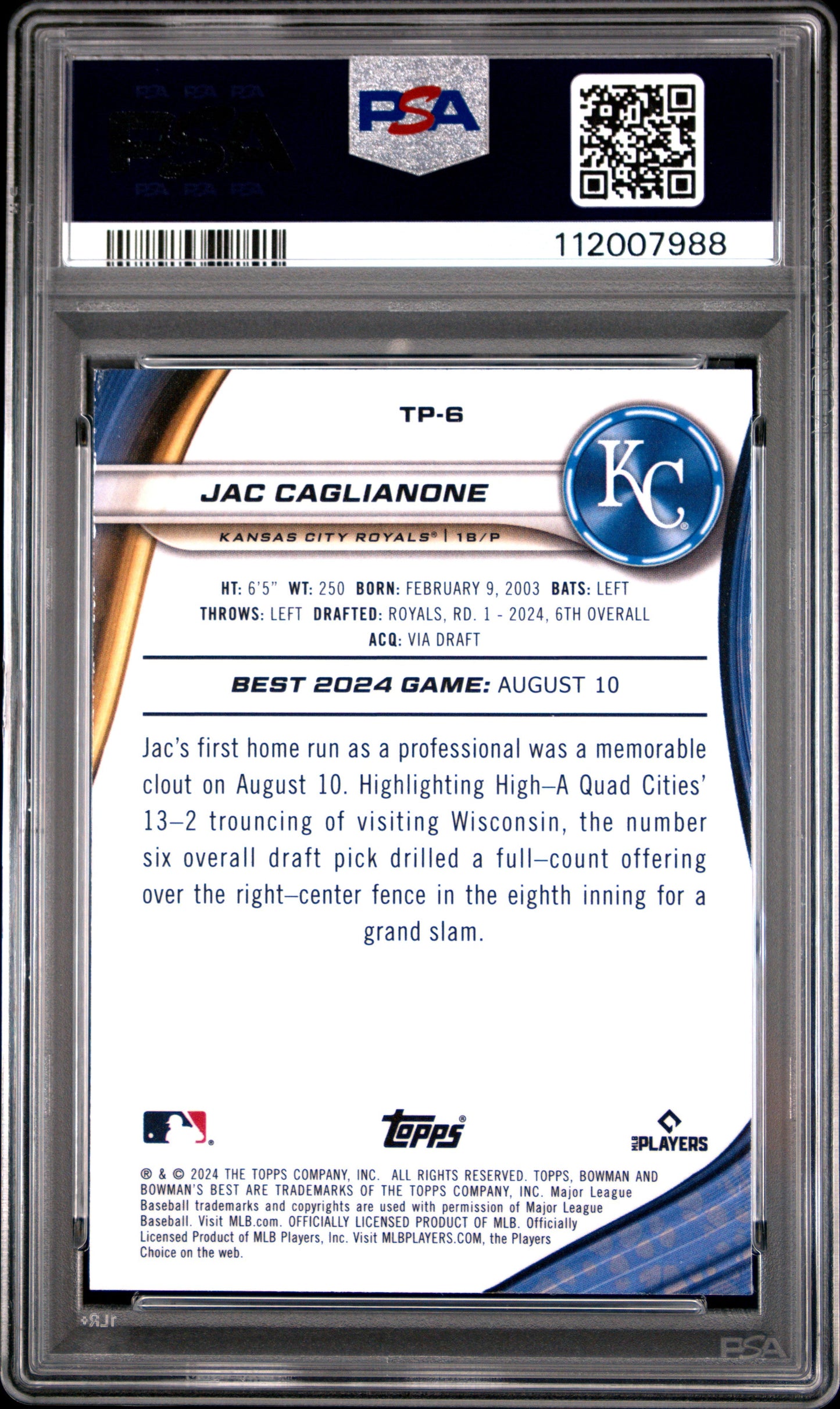 Graded 2024 Topps Bowmans Best Jac Caglianone #TP6 Top Prospects Wave Rookie RC Baseball Card PSA 10 Gem Mint