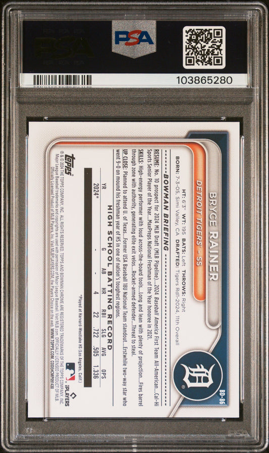 Graded 2024 Topps Bowman Draft Bryce Rainer #BD86 Rookie RC Baseball Card PSA 10 Gem Mint